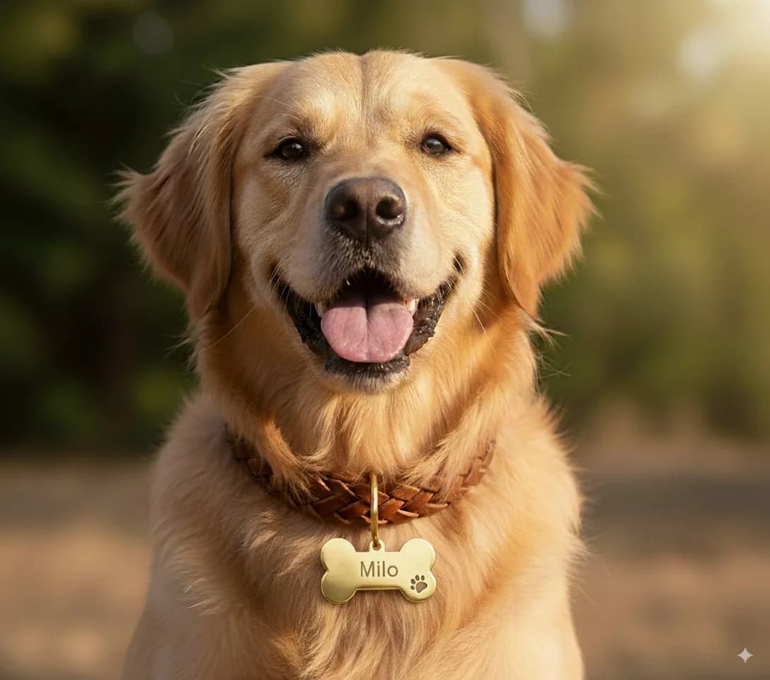 Perro feliz con placa personalizada
